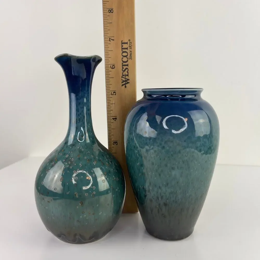 Set of 2 Ombre Mini Tulip Bud Vases Green Teal Art Home Decor Pottery